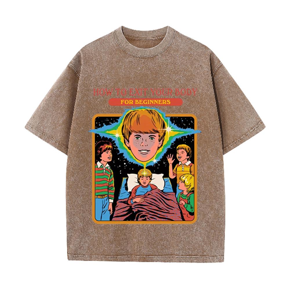 2026 Vintage Gewaschen Beige Wie Man Seinen Körper Verlässt Retro Psychedelisch Cartoon Grafik T-Shirt Surreal Kinder Print Übergroß Streetwear