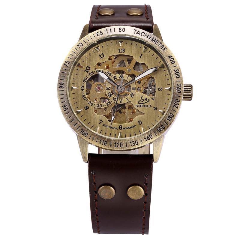 SHENHUA Bracelet Watch Bronze Automatic Skeleton Mechanical Watch Men Steampunk Retro Analog Wristwatches Horloges Mannen