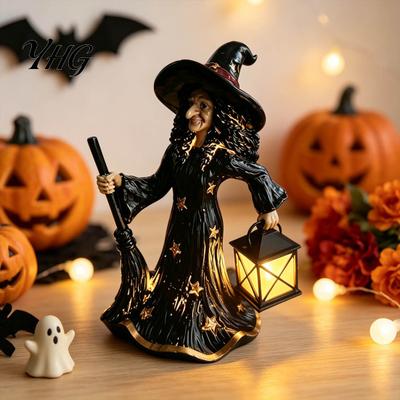 Collectible Witch Figurine 2Pcs Halloween Night Lamp, Holding Lantern with Resin Statue LED, Glowing for Tabletop Decor Home