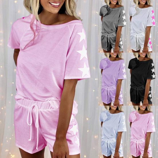 

Женский наряд, футболка с короткими рукавами и принтом пятиконечной звезды, комплект из двух предметов, футболка с короткими рукавами и шорты для занятий спортом