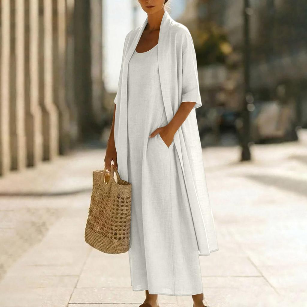 Damen 2-teilige Outfits Sommer Baumwoll-Leinen-Sets Maxikleid und Langarm-Strickjacke mit 3/4-Ärmeln und Tasche
