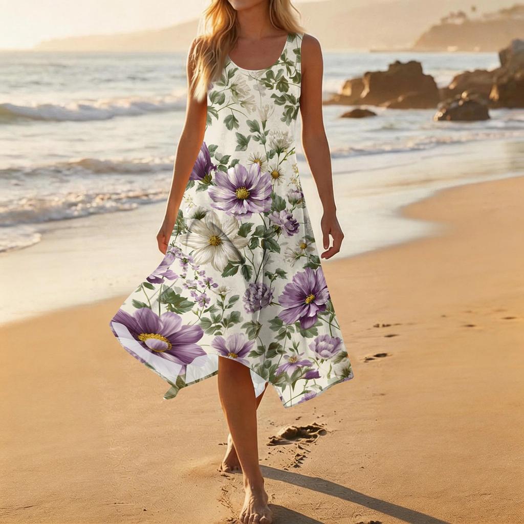Women's Casual Sleeveless Floral Print Dress Round Neck Irregular Hem Mid-Length Dress Lightweight Summer Dress