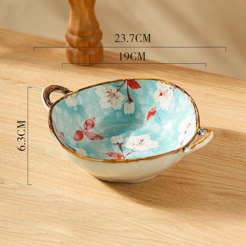 Flowers Plants Japanese Household Noodle Bowl Ceramic Soup Bowl with Handle Salad Bowl Kitchen Tableware Microwave Oven Secure