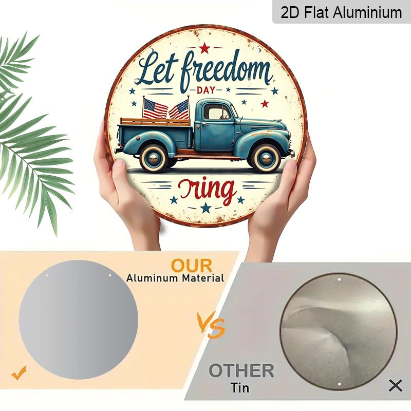 2D Flat, 1pc Vintage "Let Freedom Ring" Patriotic Aluminum Sign, Retro 4th of July Blue Truck USA Flag Design, Rustic Indoor Outdoor Wall Decor