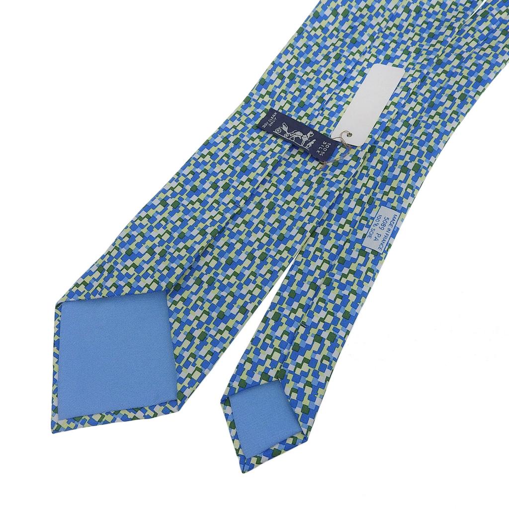 Great HERMES Tie All-over Logo Print Blue Green Multi Silk Mens 5089 PA Used