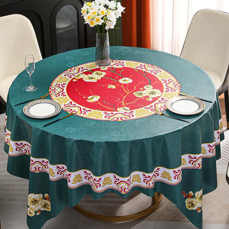 Baxian Table Tablecloth Waterproof, Oil-Proof And Anti-Scalding Leave-In Tablecloth Hotel Round Table Cloth Dining Table Cloth Plum Blossom