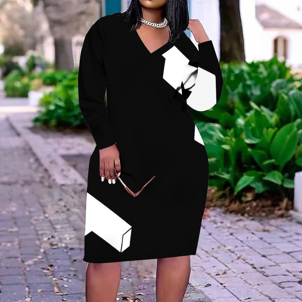 Women Plus Size V Neck Long Sleeve Black White Geometric Printed Fitted Dress