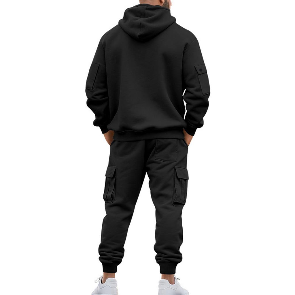 Men's Winter Fleece Multi-pocket Zipper Sweatshirt Suit Personalized Casual Hoodie Suit