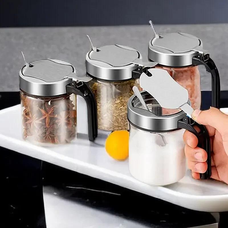 300ml Glass Seasoning Jar Stainless Steel Lid With Spoon Condiment Bottle Salt Shaker Kitchen Supplies Storage Set Spice Boxes Y