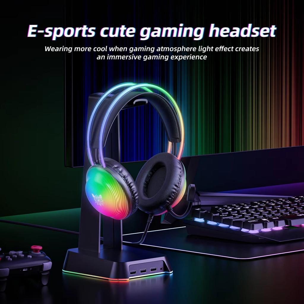 אוזניות גיימינג חוטיות Onikuma X29 עם תאורת RGB מותקנת על הראש, אורך כבל 2.2 מטר