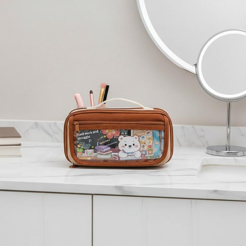 Large Capacity Transparent Cartoon Pencil Case Cute Bear Design Holds 40 Pens for Students School Exam Stationery Use