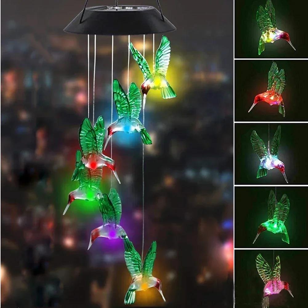 Christmas Solar Wind Chime Crystal Ball Hummingbird Wind Chime Lamp Waterproof Outdoor Use for Courtyard Garden Yard Decoration
