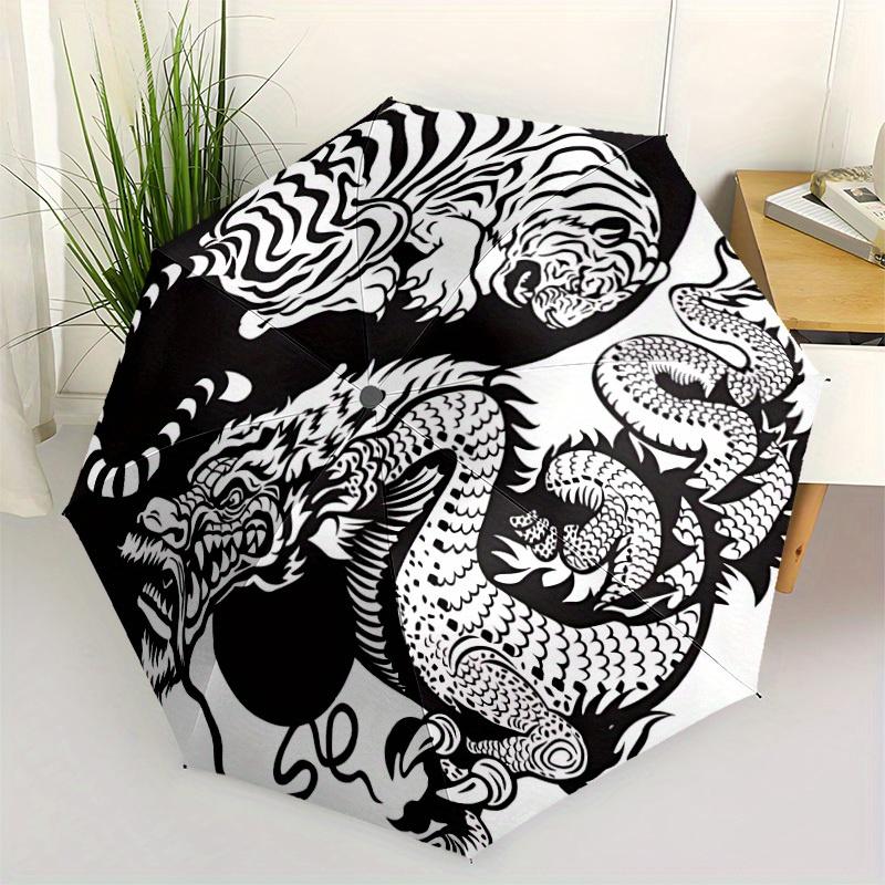 1pc Tiger Dragon YinYang Automatic Open/close, Heavy-Duty Iron Frame & 8-Rib Structure, Compact Folding Umbrella for Women/Men, All-Season Travel, Hal