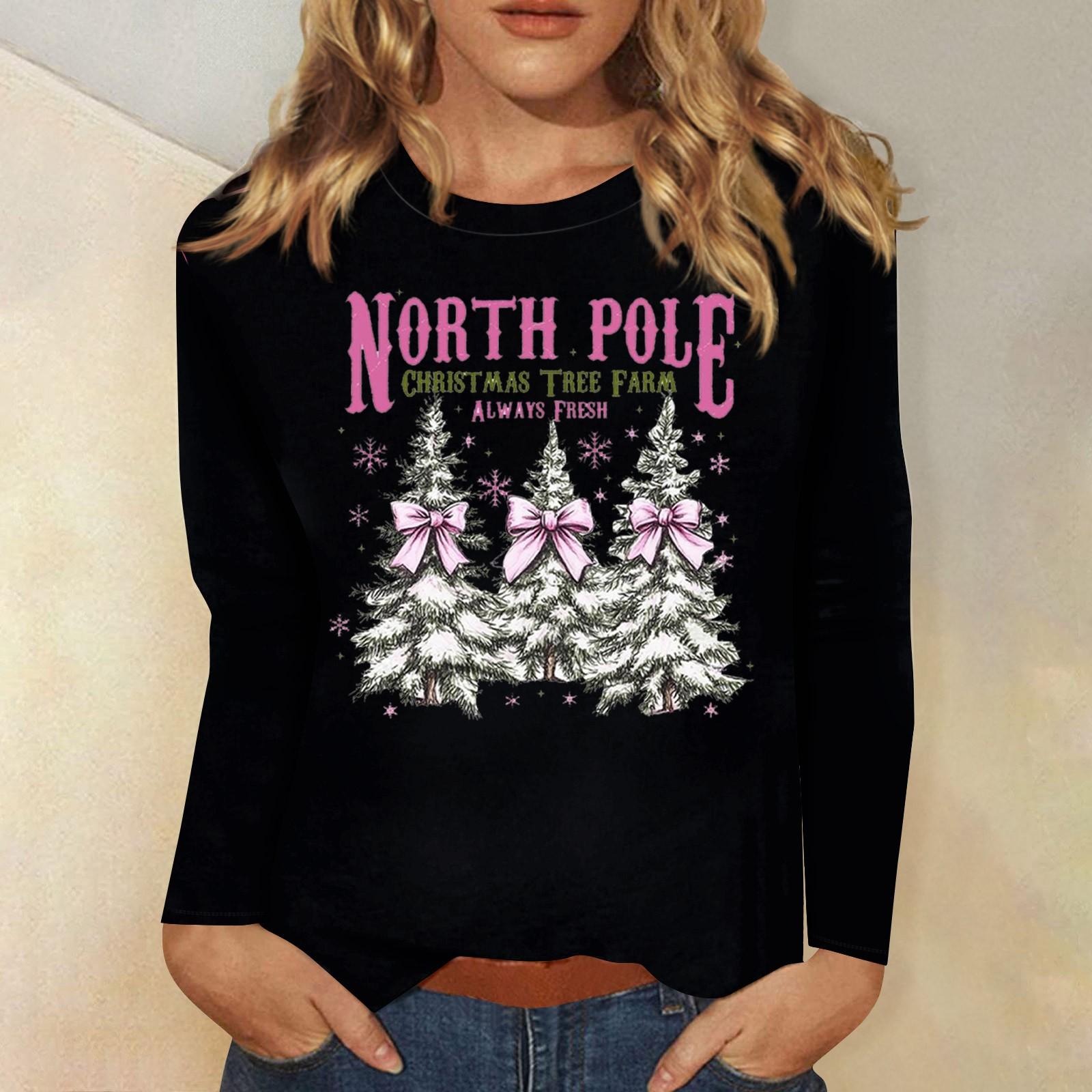 

Женский повседневный повседневный топ с длинными рукавами и рождественским принтом с круглым вырезом XXXL чёрный