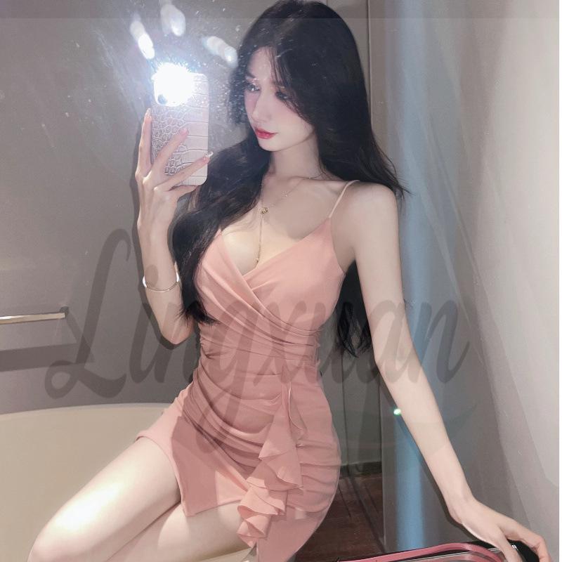 

Spicy Girl V-Neck Ruffled Bodycon Dress with Irregular Pleats L рожевий