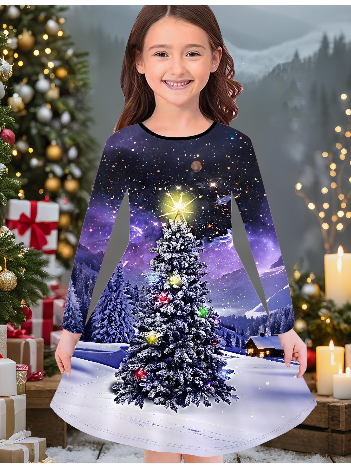 

Модное осенне-зимнее платье для девочек, 3D Рождественский принт, Круглый вырез, Длинное детское платье-футболка, Повседневное универсальное, Рождественская одежда 170 фиолетовый