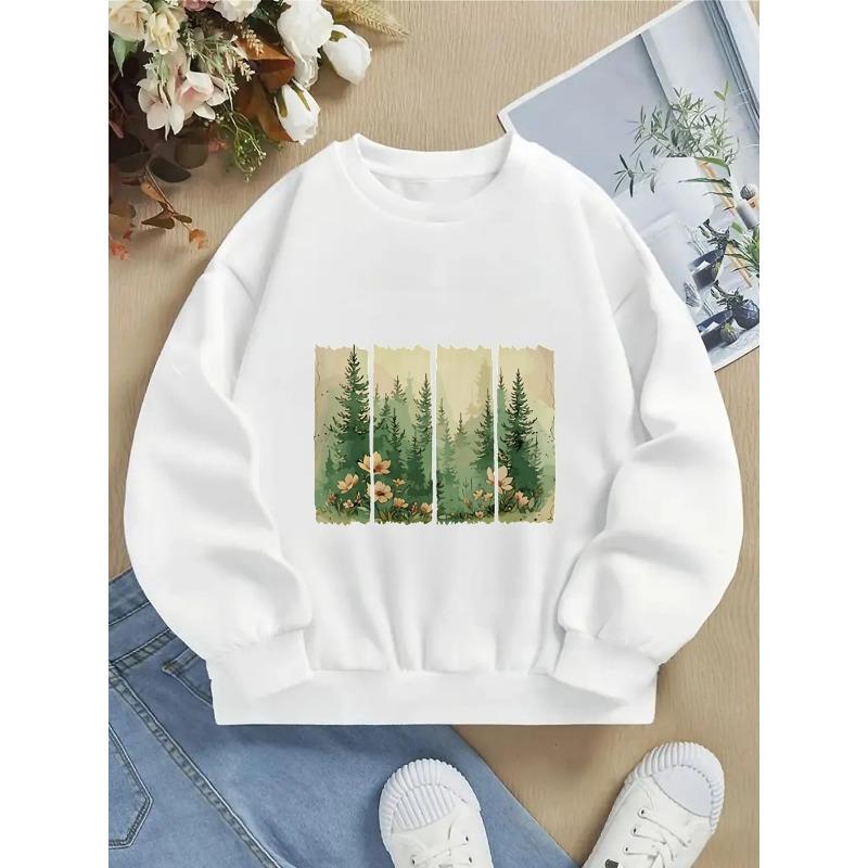 Kids Crewneck Sweatshirt, Forest Trees Flowers Nature Scene Art Print,Spring Autumn Casual Sport Tops 110