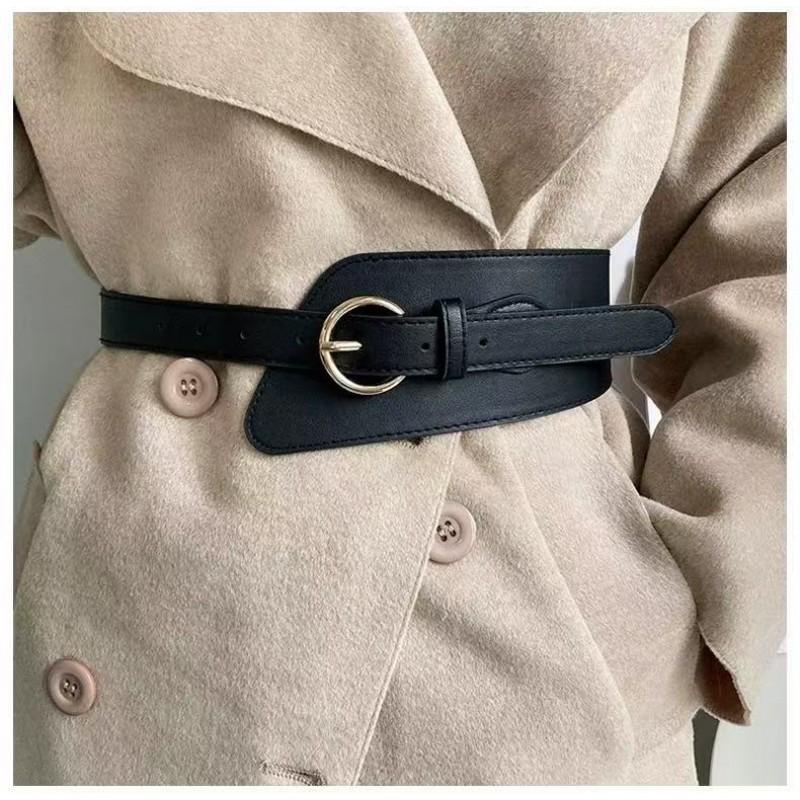 Wide Black PU Belt Women With Zinc Alloy Pin Buckle Stylish Waist Cincher Coats Blazers Casual Outfits