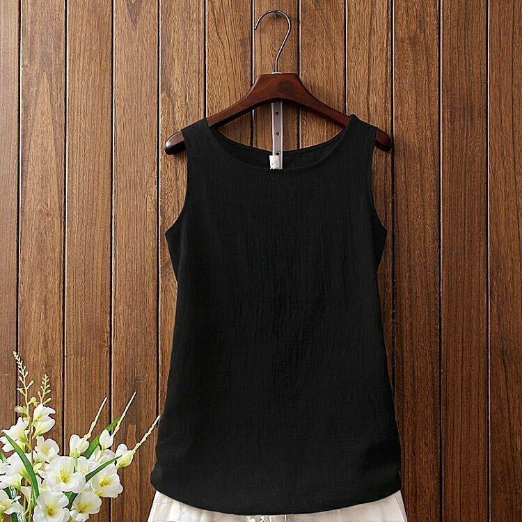 Spring/Summer Women's  Cotton and Hemp Vest T-shirt Loose Bottom Versatile Outer Sleeveless Solid Color Top