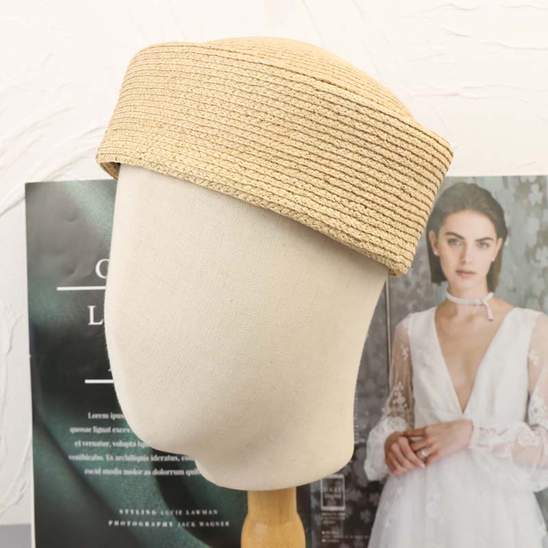 

French Classic 100% Natural Raffia Fedoras Hat Women Circle Concave Top Berets Summer Sun Hats Beach Wedding Party Pillbox Hat 56-58cm