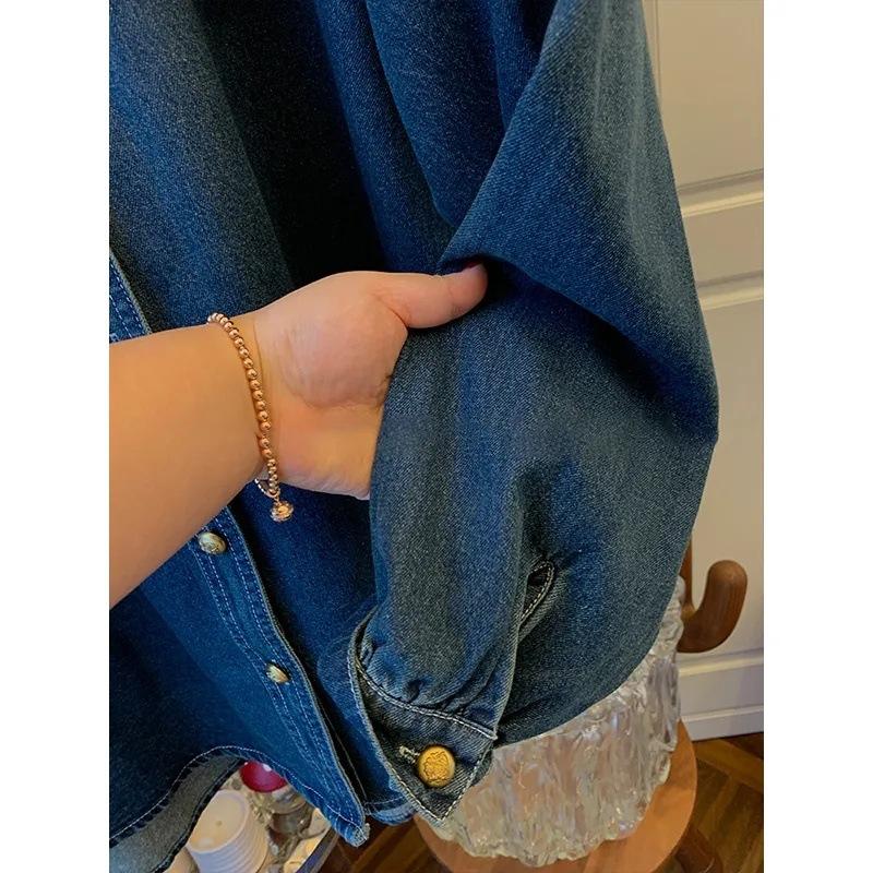 Džínové košile halenky dámské topy límeček Peter Pan vintage jednobarevné blusas mujer korejská móda jaro podzim camisas