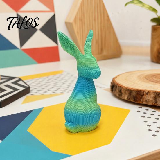 One-piece Forming Ornament 3D Printed Pixel Bunny Desk Decor, Gradient Blue-Green Knitted Rabbit Figurine, Cute Figurine Minimalist Tabletop