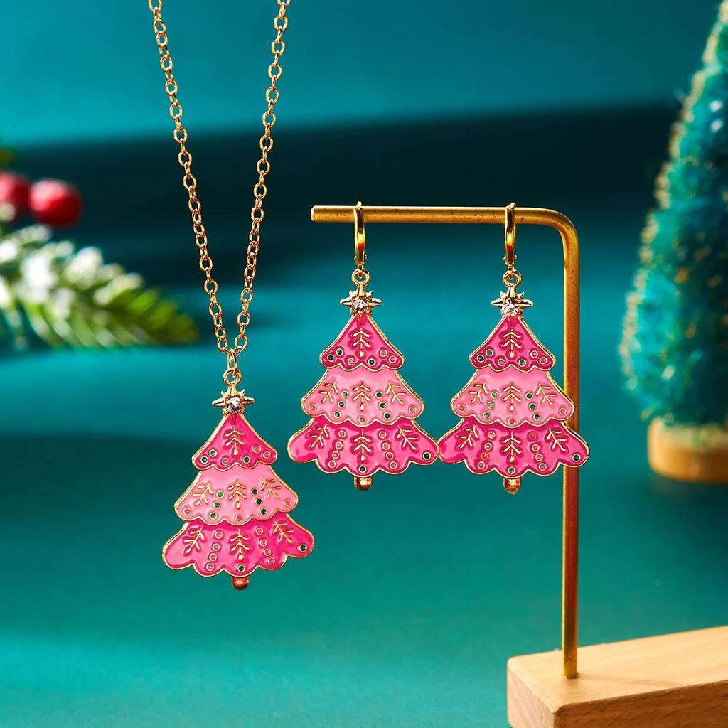Design Sense Rosa Weihnachtsbaum Hängeohrringe für Damen Niedliche Hohl-Schneemann-Ohrringe Halskette Weihnachten Neujahr Party Geschenke