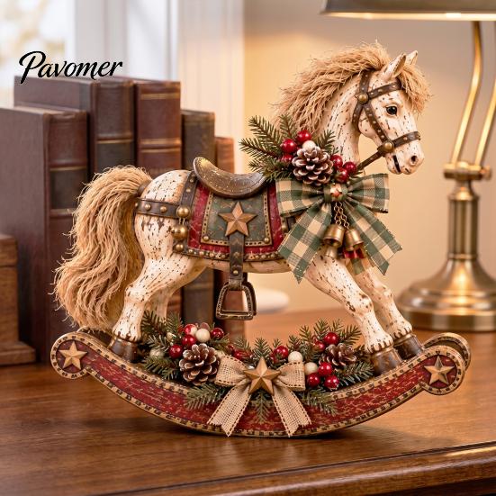 Small Statues for Holiday Displays Retro Christmas Rocking Horse Ornament with Pine Cones Berries Tabletop Collectible Table Decor Decoration, Vintage