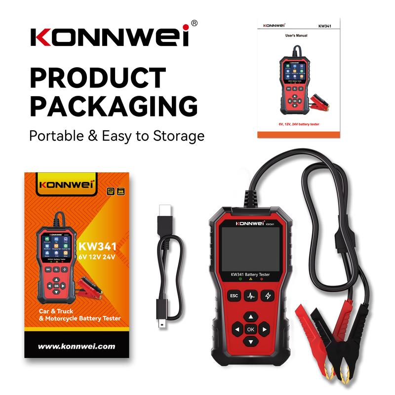 2026 Batterielade-Scan-Tool KONNWEI KW341 Auto Motorrad LKW Batterietester 6V 12V 24V Fehlerdaten-Druck Startspannungs-Tester