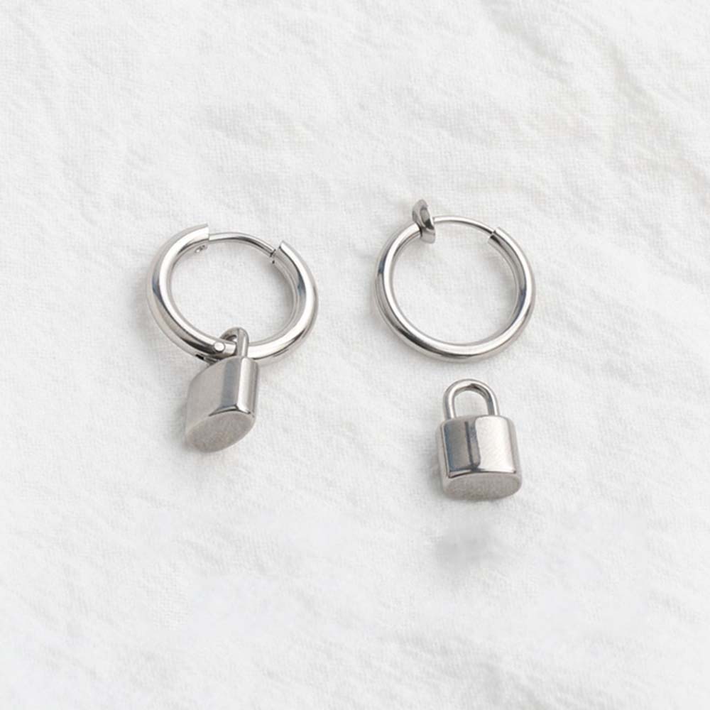 Simple Trendy Cool Style Women Men Hop Hip Stainless Steel Padlock Earrings Ear Clip Stud Earring