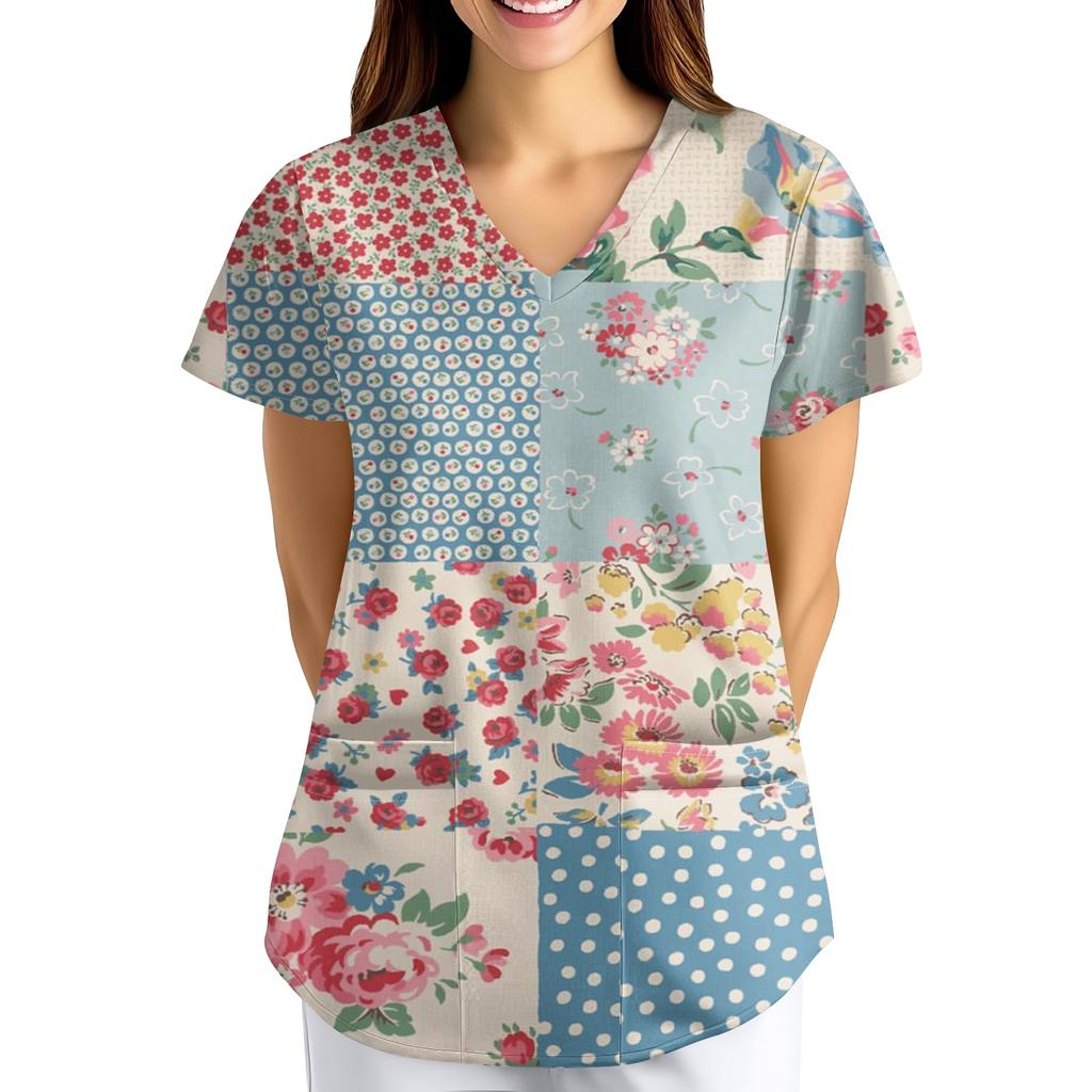 Plus size bedrukte scrub werkkleding tops voor dames met V-hals en print, korte mouwen, leuke T-shirts, werkkleding T-shirt met zakken
