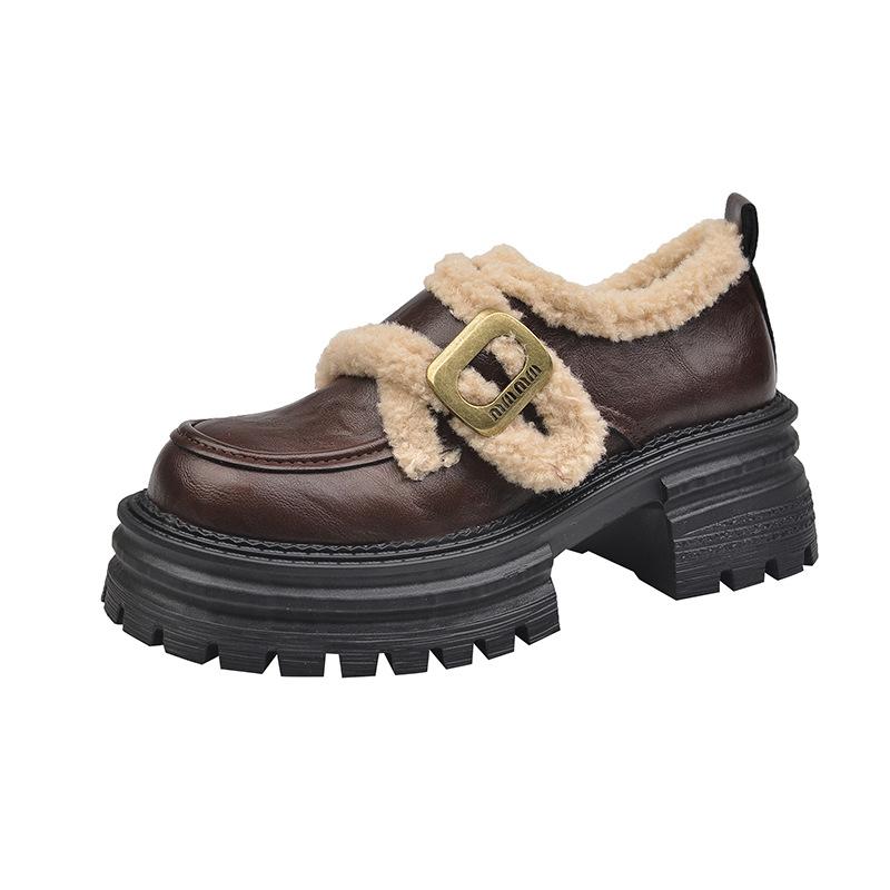 Cowhide Version Platform Small Leather Shoes Women's 2025 Autumn and Winter Velvet Loafers New One-pedal Lazy Loafers