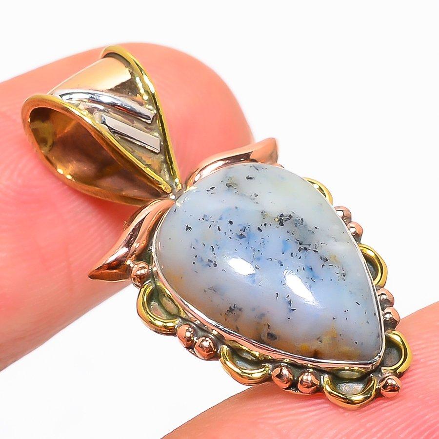 Natural Dendrite Opal TwoTone 925 Solid Sterling Silver Gift Pendant 1.30" w3J66