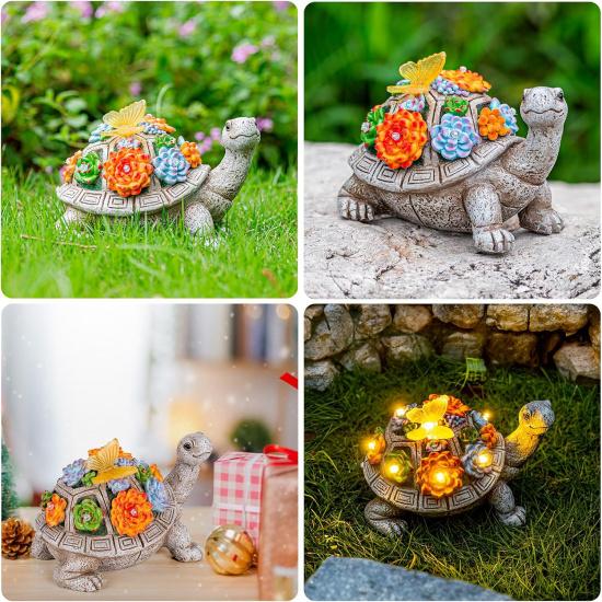 Solar Garden Outdoor Statues with Succulent and 7 LED Lights - Lawn Decor Tortoise Statue for Patio, Balcony, Yard Ornament - Unique Housewarming