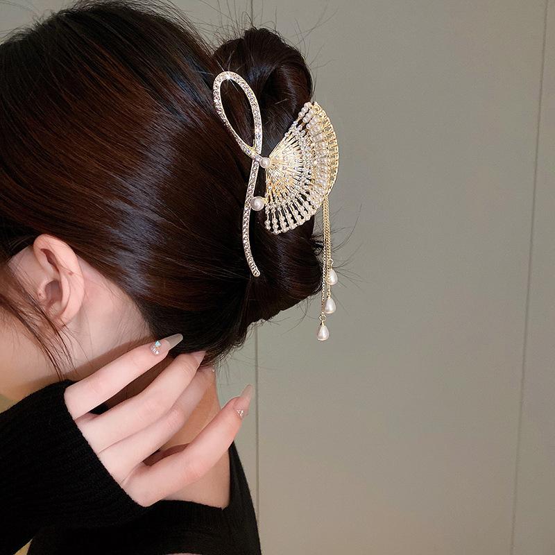 Chinese Style Diamond-encrusted Fan Tassel Imitation Pearl Hair Clip Internet Celebrity Light Luxury Temperament Niche Women's Hair Accessories