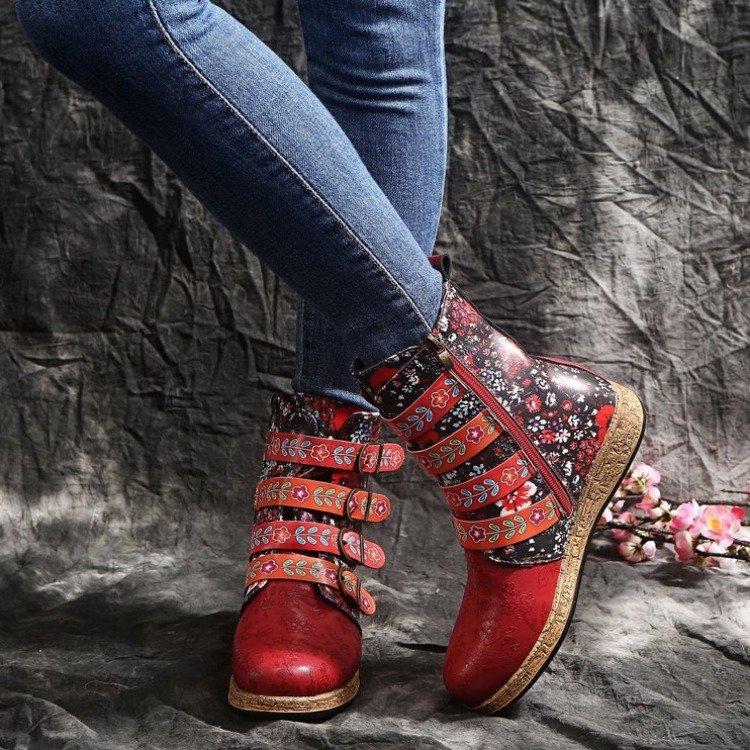 Large size printed metal buckle fashion boots autumn and winter new thick-soled round head going out women's boots