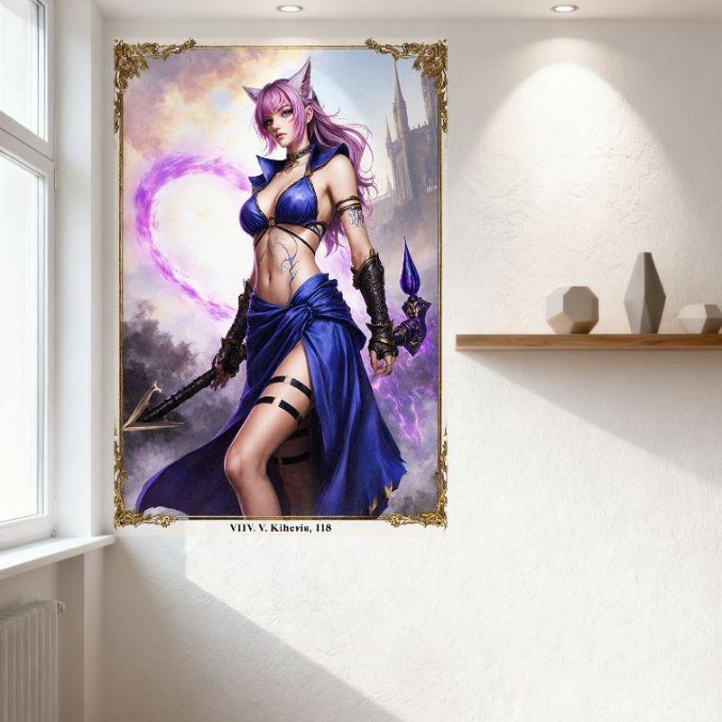 Sexy Long Pink Hair Cat - Ears Woman Tin Sign, Blue Outfit Tattooed Armored Bracers Castle Magical Aura Metal Poster for Bar Pub