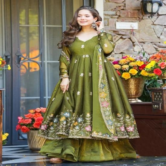 Elegant Olive Green Floral Embroidered Anarkali Suit Set S