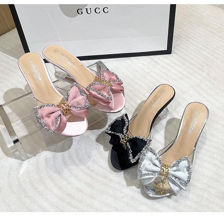 Новые женские летние пикантные прозрачные шлепанцы на высоком каблуке с кристаллами — фото 12