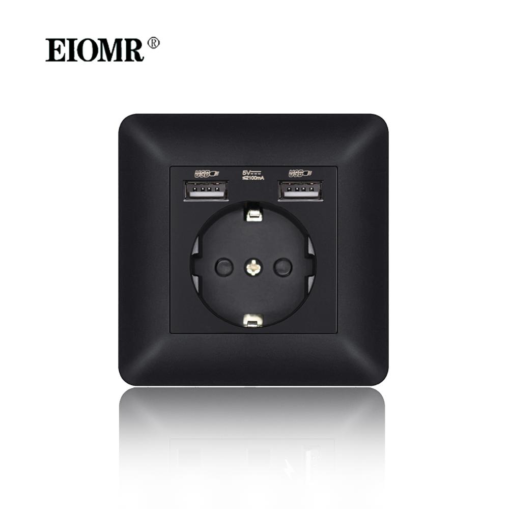 EIOMR EU Outlet with Usb Type-c Charging Port Black Curved Flame Retardant PC Panel 86mm Single Socket and 146mm Double Socket