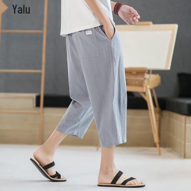 Yalu Men s Lightweight Linen-Cotton Blend 3/4 Length Casual Pants M