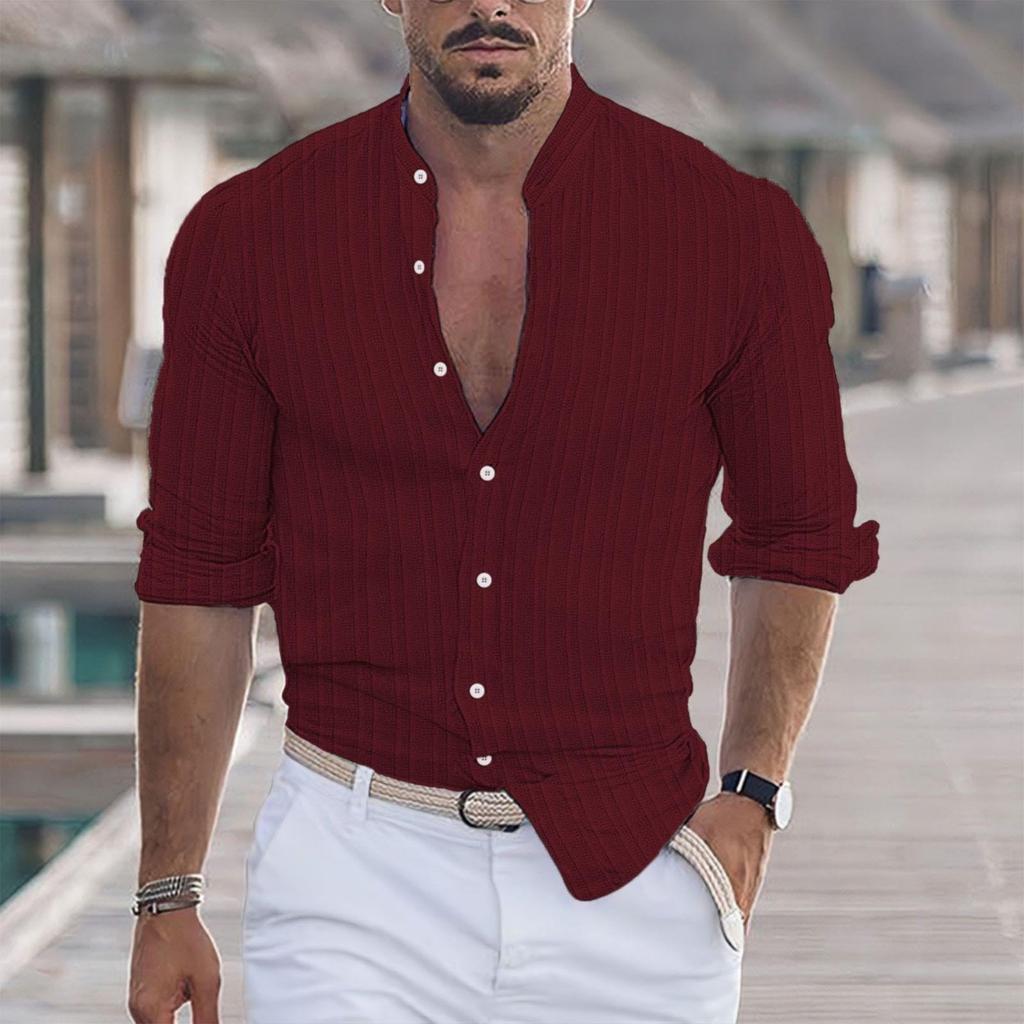 Cămașă de in ușoară pentru bărbați, casual, cu nasturi, cu mânecă lungă, textură de lucru, tricou simplu, top pentru vacanță la plajă