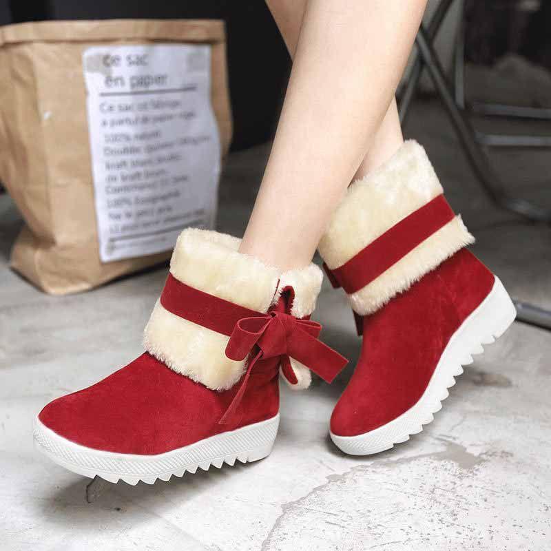 Women's Winter Boots Warm Fur Lined Casual Ankle Shoes With Sweet Bow Flats