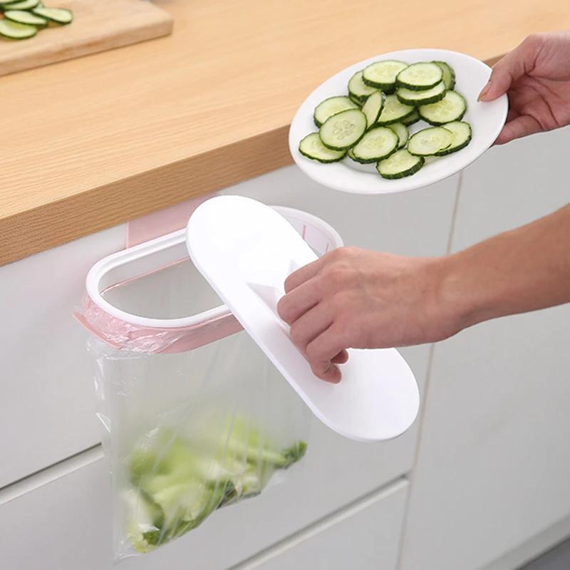 Wall-Mounted Rubbish Bag Holder Storage Rack Kitchen No Punching Hang Bracket Hook Cabinet Door Hanging Rack Kitchen Trash Can