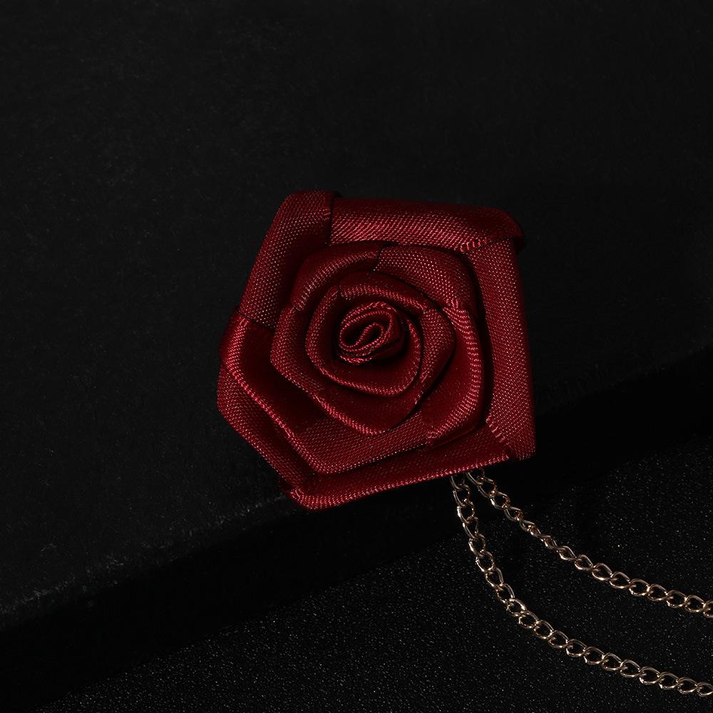 Brooch, Stylish Fabric, Handmade Red Rose Fringed Chain Corsage