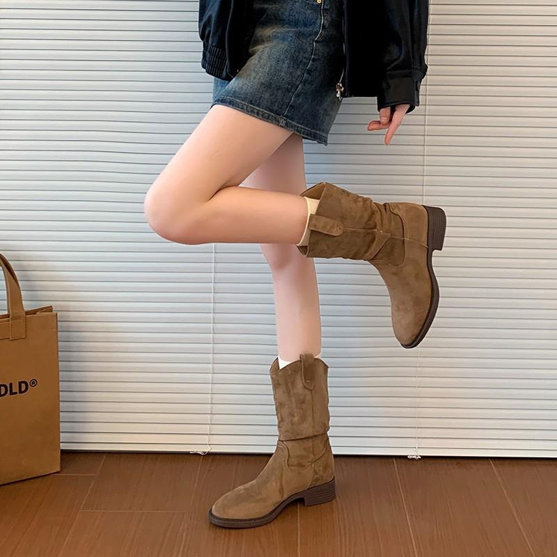 Coarse Heel Medium Tube Pile Boots Women's 2025 New Autumn Merad Western Cowboy Boots Martin Boots Knight Boots