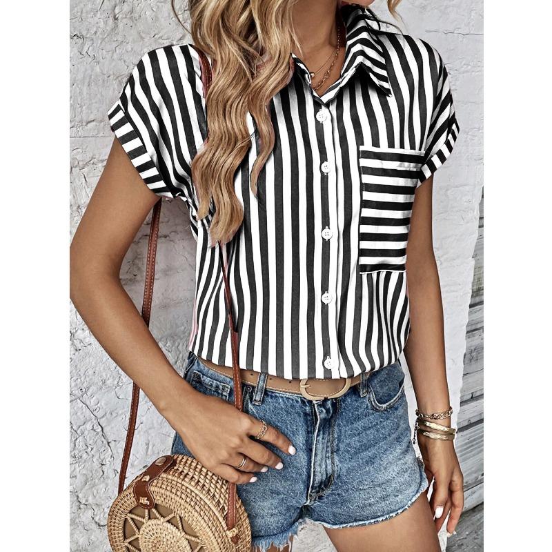 JKASHDK Women's Fashion Casual Summer Spring Stripe Print Short Sleeve POLO Neck Blouses & Shirts
