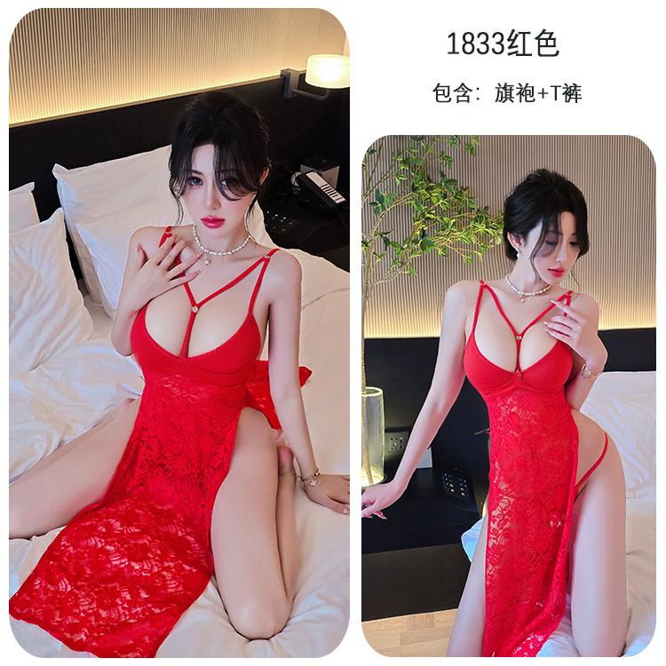 Sexy lingerie sexy lace suspender long dress high split ends seduction pajamas women's uniform suit