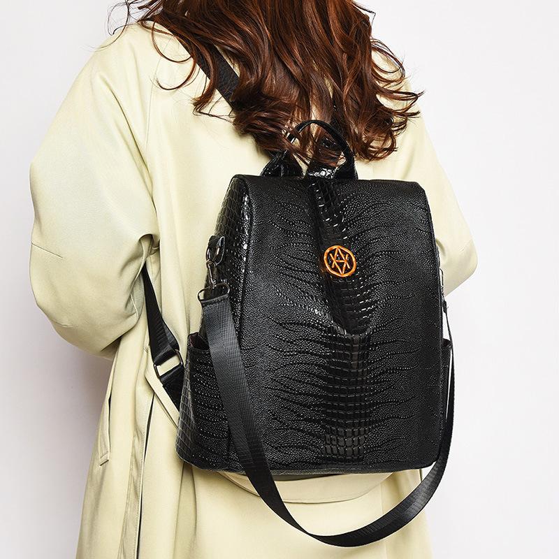 Schoolbag women's bag anti-theft backpack new Korean version of casual PU large-capacity simple crocodile pattern multi-functional women's travel bag