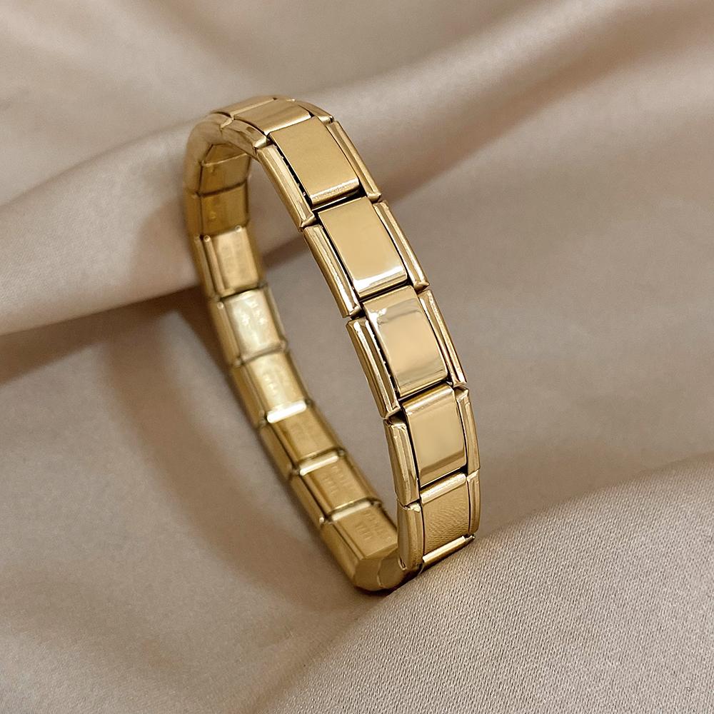 Italian Charm Starter Stainless Steel Bracelet For Women Men Stretchy Watchband Modular Links Chain Gold Color Bangle Wristband